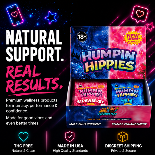 Humpin Hippies 1 Box of 15 Male Razz 3pcs gummies pack X 15 Female Strawberry 3pcs/pack Humpin Hippies
