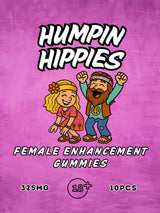 Bright pink Humpin Hippies Female Enhancement Gummies packaging featuring cartoon-style dancing hippie characters (bearded man with headband and flower-crowned woman) under the Humpin Hippies logo.