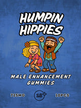 Bold blue Humpin Hippies Male Enhancement Gummies packaging displaying cartoon-style dancing hippie characters (bearded man in headband and flower-crowned woman) beneath the Humpin Hippies logo.